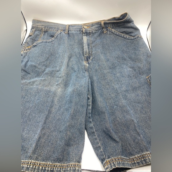 Vintage Y2K Brooklyn Express Medium Wash Carpenter Jean Shorts Jorts 40 Hip Hop - Picture 1 of 6